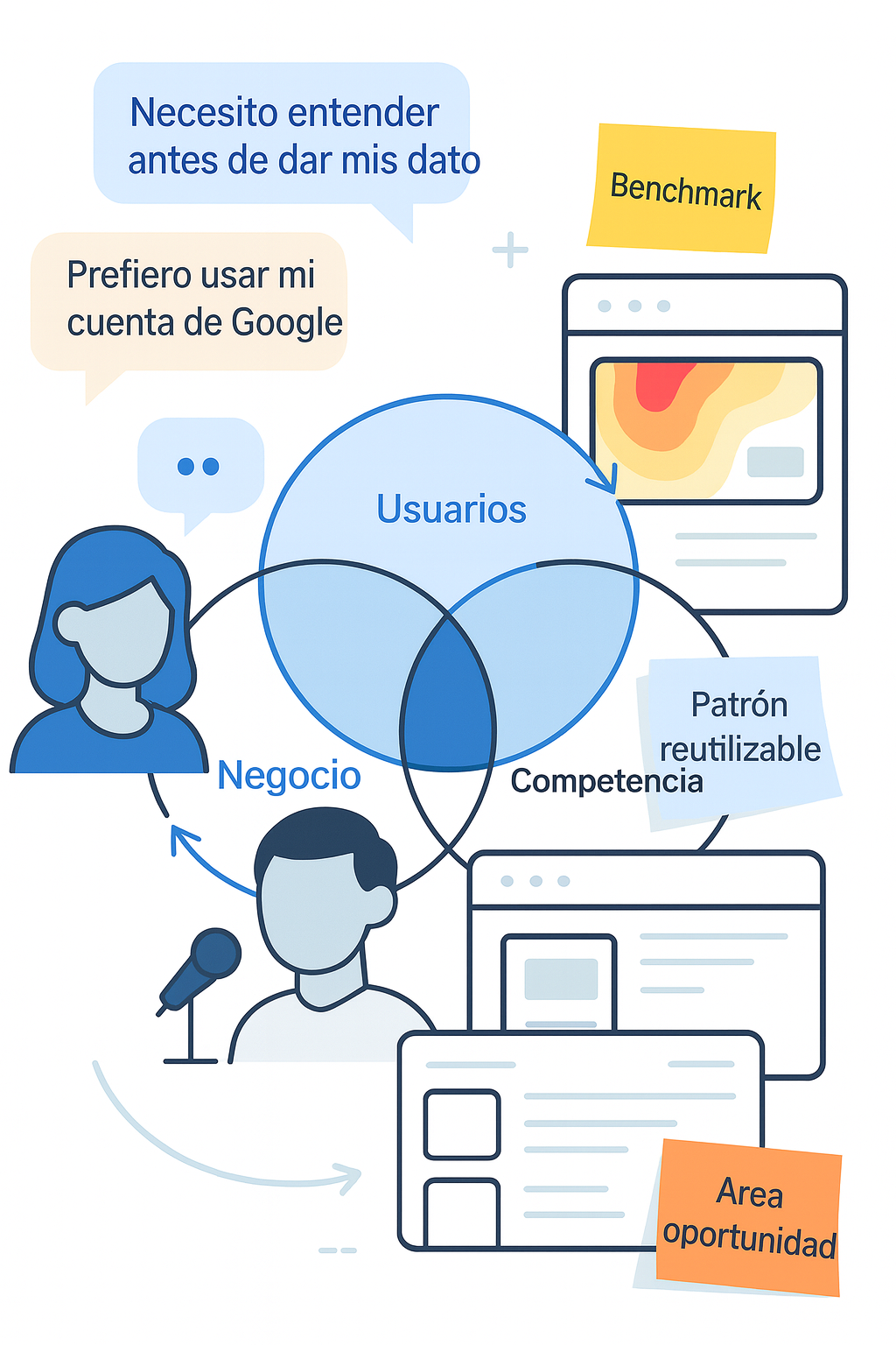 Ilustración del Paso 1 del modelo JM UX Flow que muestra entrevistas de usuarios, un diagrama de intersección entre negocio, usuarios y competencia, y notas de benchmark con áreas de oportunidad.