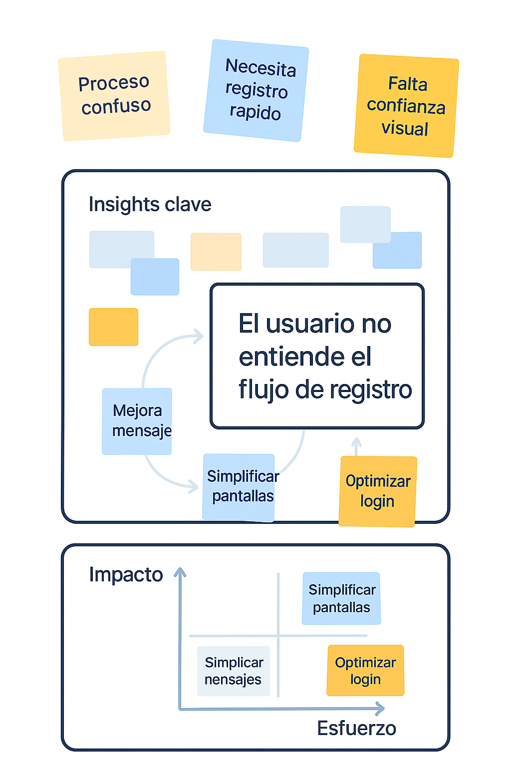 Ilustración del Paso 2 del modelo JM UX Flow que muestra una pizarra digital con post-its agrupados, un canvas con secciones de Insights, How Might We y Problem Statement, y una matriz de Impacto–Esfuerzo.