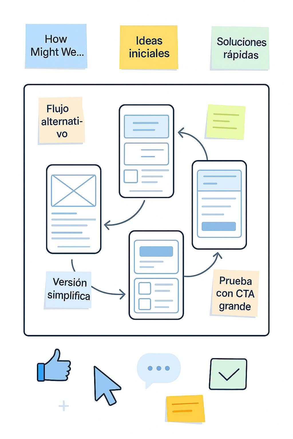 Ilustración del Paso 3 del modelo JM UX Flow que muestra una pizarra colaborativa con post-its de colores, ideas agrupadas por temas, y wireframes conectados por flechas que representan la fase de ideación.