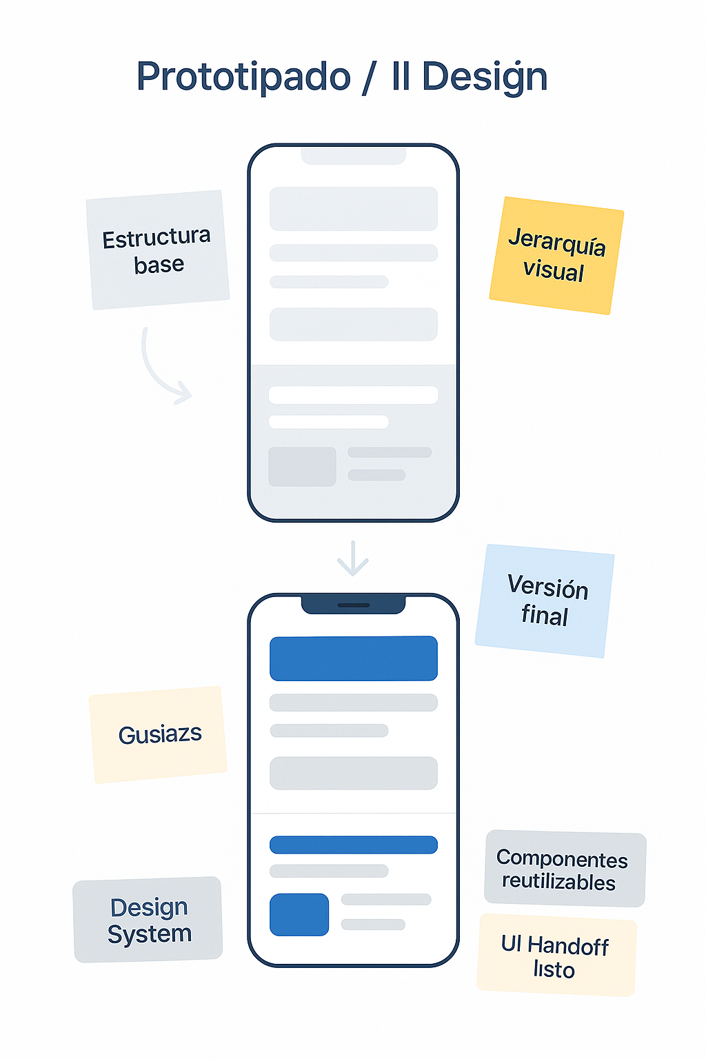 Ilustración del Paso 4 del modelo JM UX Flow que muestra la evolución de una interfaz desde un wireframe gris hasta un diseño final en alta fidelidad con colores institucionales y componentes UI.