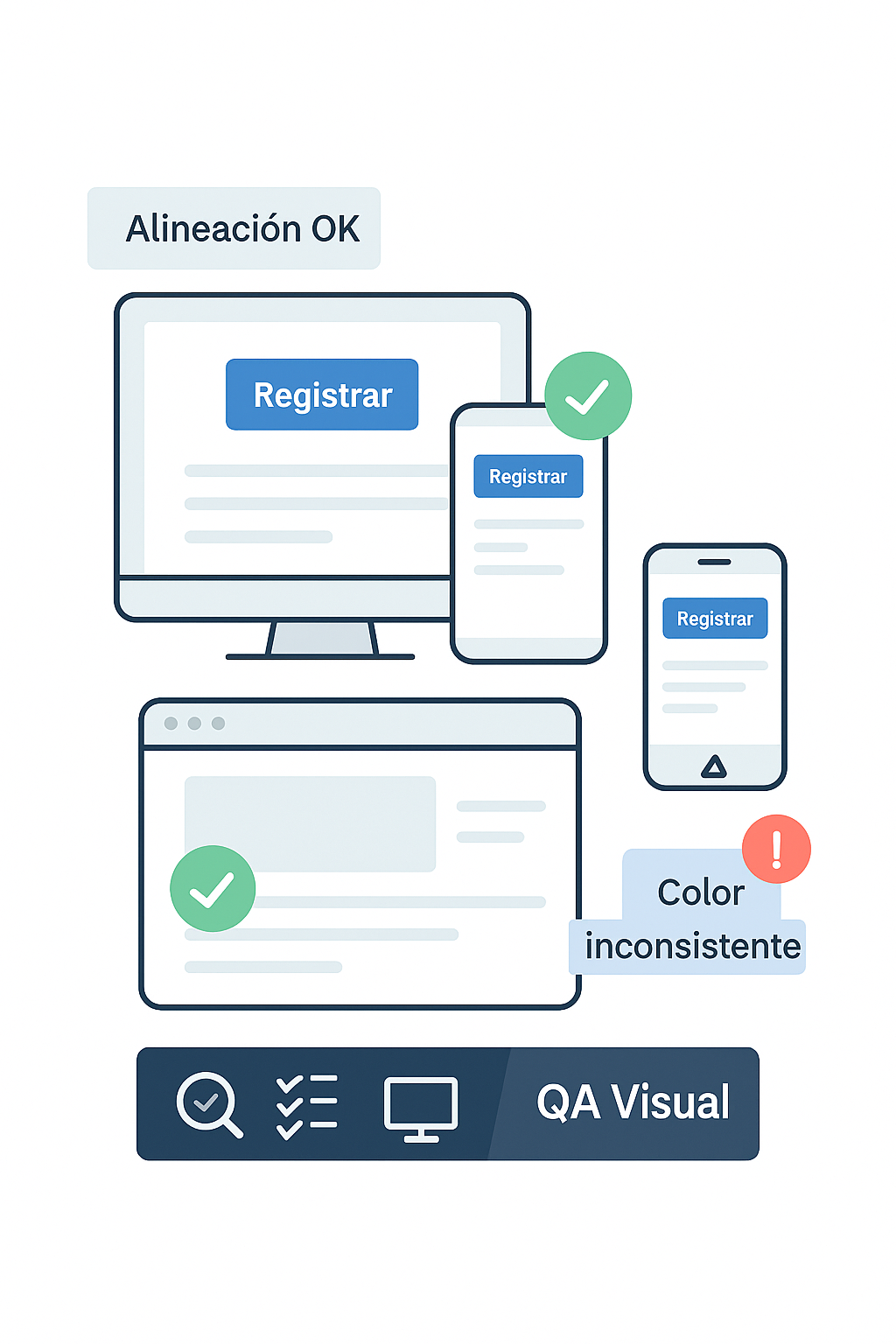 Ilustración del Paso 6 del modelo JM UX Flow que muestra pruebas visuales en tres dispositivos —desktop, tablet y smartphone— con indicadores de validación y errores.