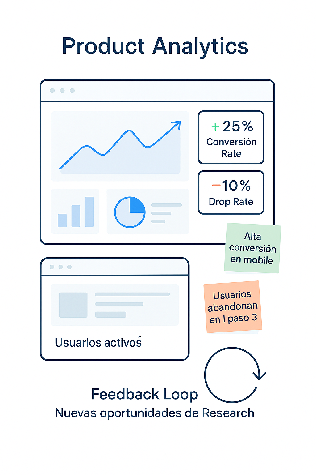 Ilustración del Paso 7 del modelo JM UX Flow que muestra un dashboard de métricas con gráficos, indicadores de rendimiento y un loop de retroalimentación hacia el inicio del ciclo de diseño.