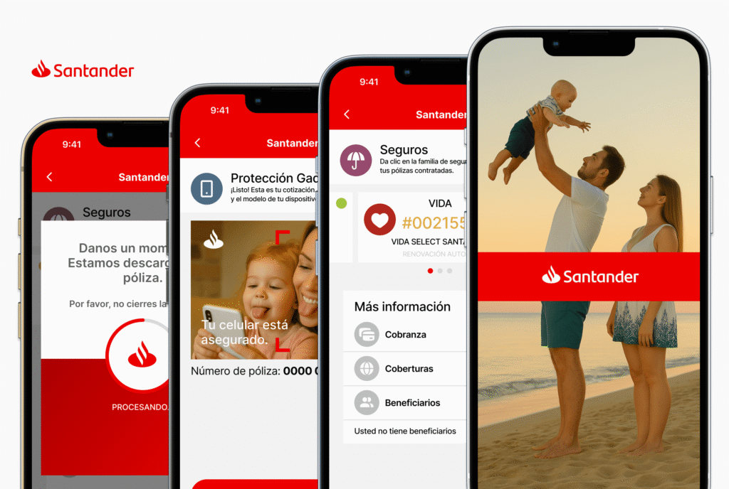 Simulación de app de seguros Santander con pantalla principal y vista de pólizas activas.
