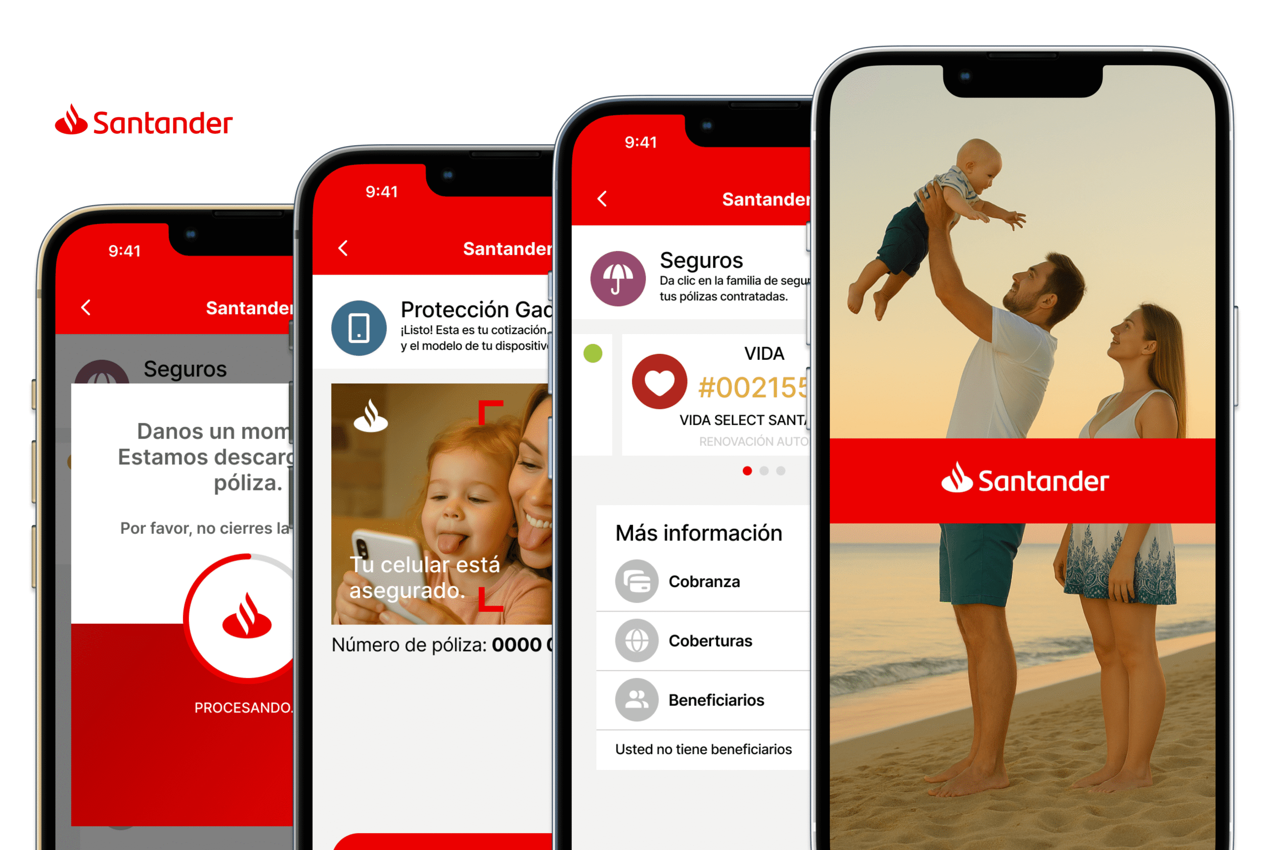 Simulación de app de seguros Santander con pantalla principal y vista de pólizas activas.