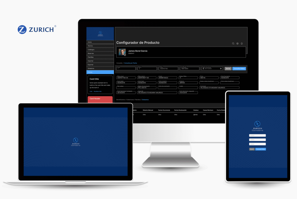 Interfaz del configurador de siniestros Zurich Cantabria diseñada por Juan Manuel Chávez García. Proyecto UX/UI centrado en eficiencia, claridad y flujo de reporte.
