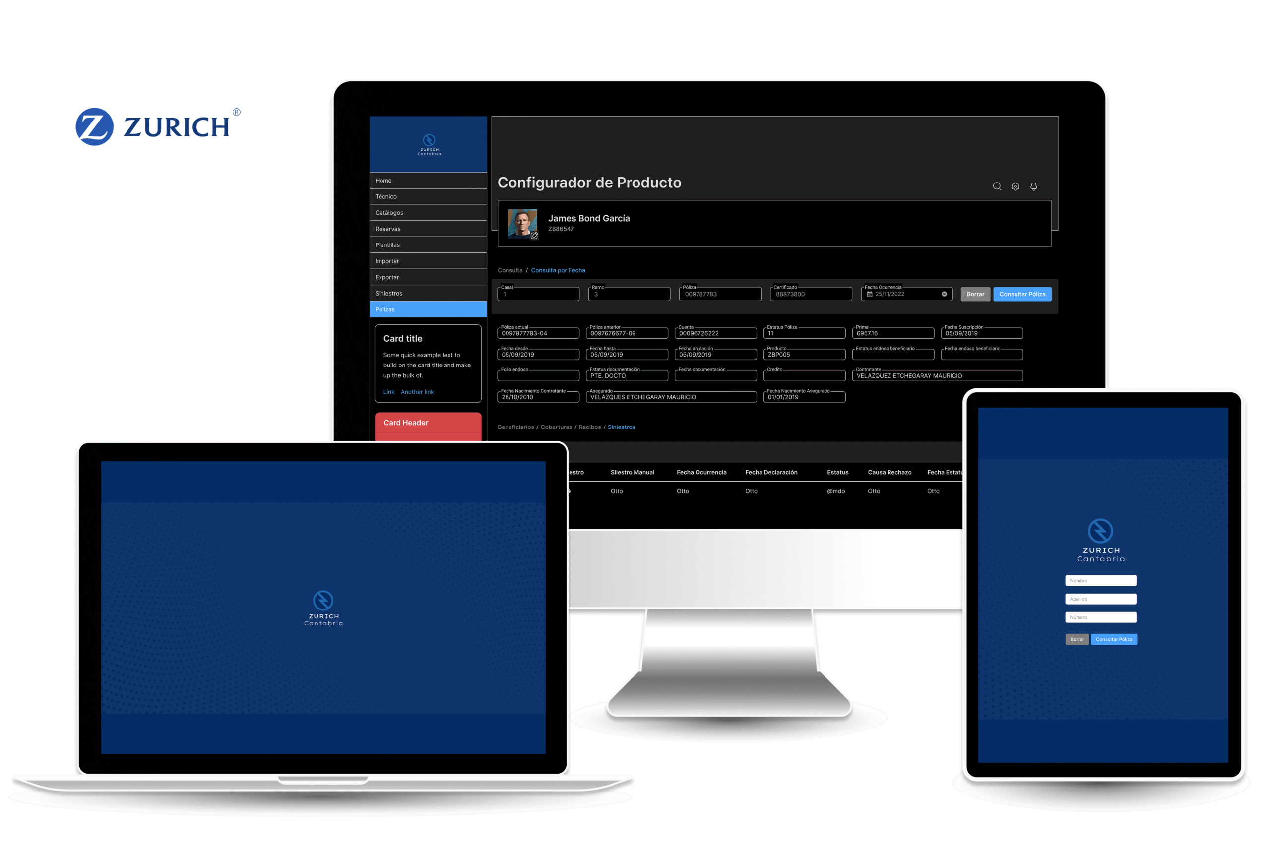 Mockup del sistema UI modular Zurich Cantabria en desktop, tablet y mobile